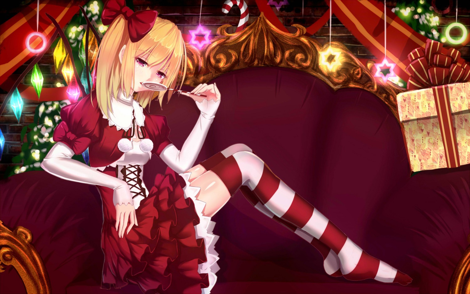 bakanoe christmas dress flandre_scarlet thighhighs touhou wings