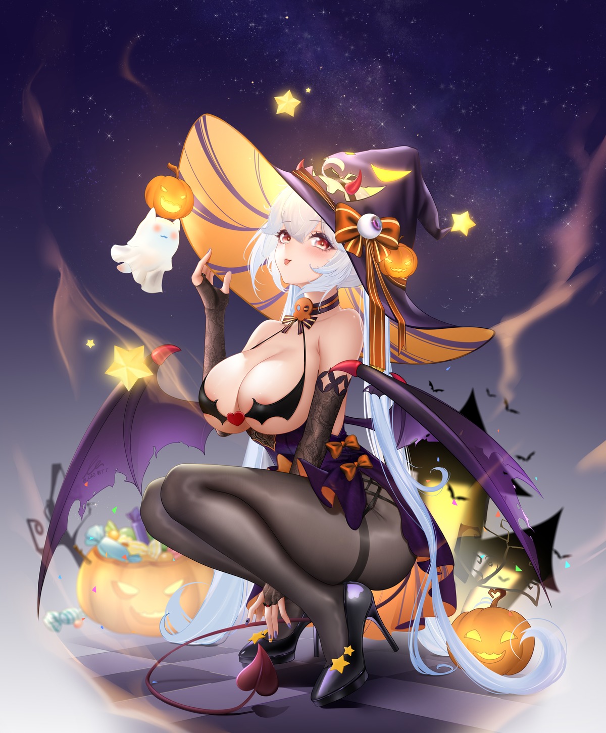 areola devil dress erect_nipples halloween heels horns liu_liaoliao no_bra pantyhose tail wings witch