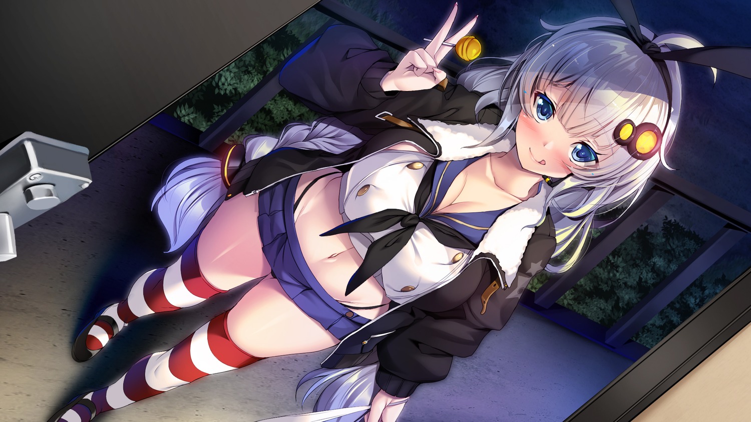 cleavage cosplay kantai_collection kizuna_akari pantsu seifuku shimakaze_(kancolle) thighhighs torisan voiceroid