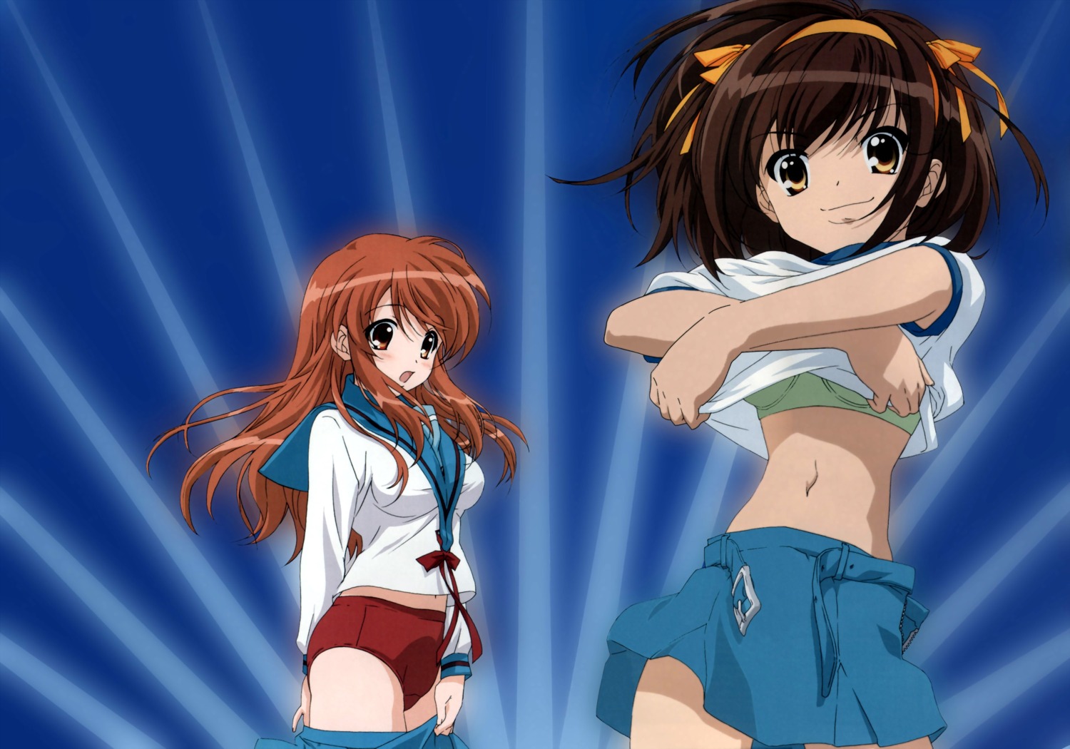 asahina_mikuru gym_uniform seifuku shirt_lift suzumiya_haruhi suzumiya_haruhi_no_yuuutsu undressing