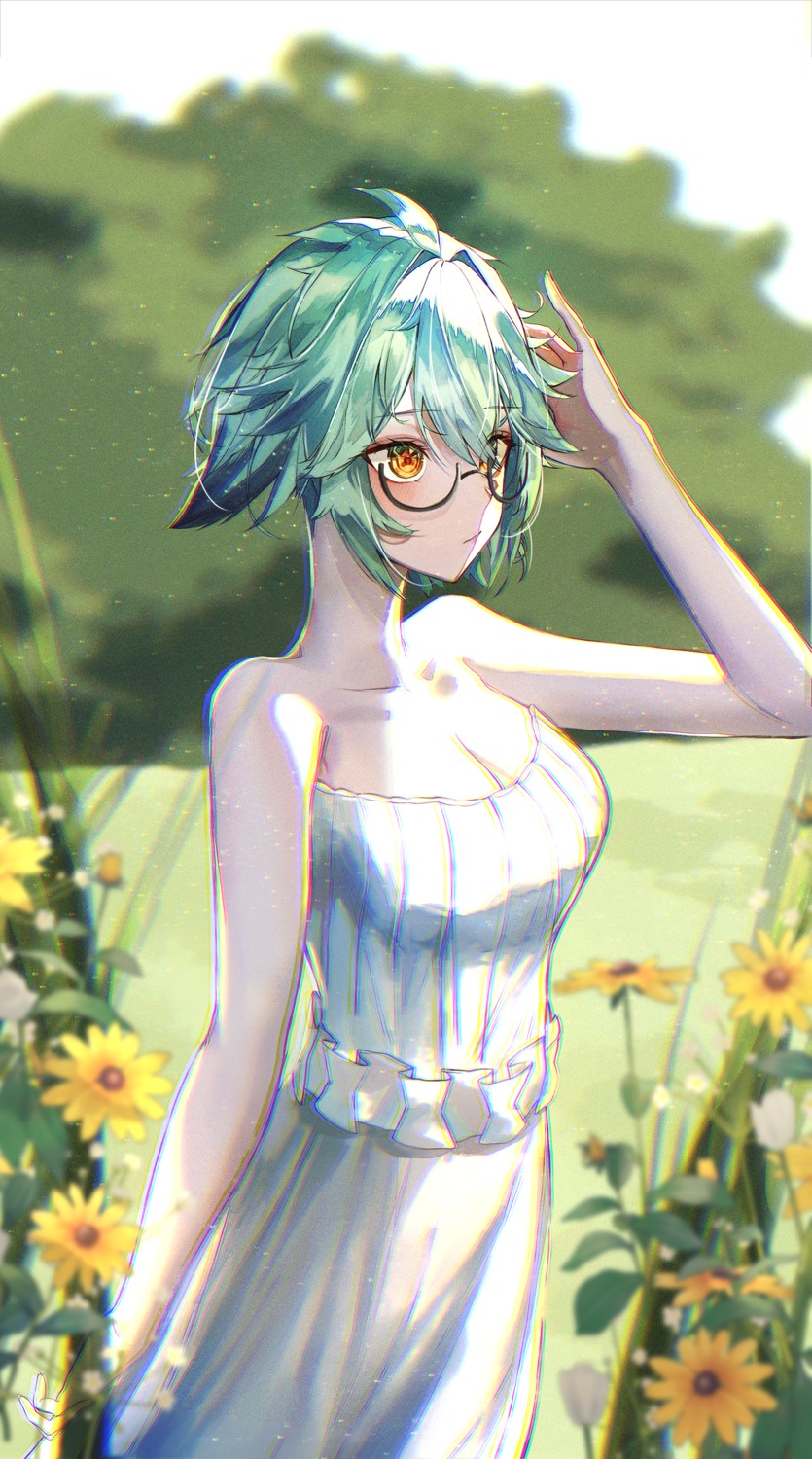 cleavage dress genshin_impact megane merryj no_bra sucrose summer_dress