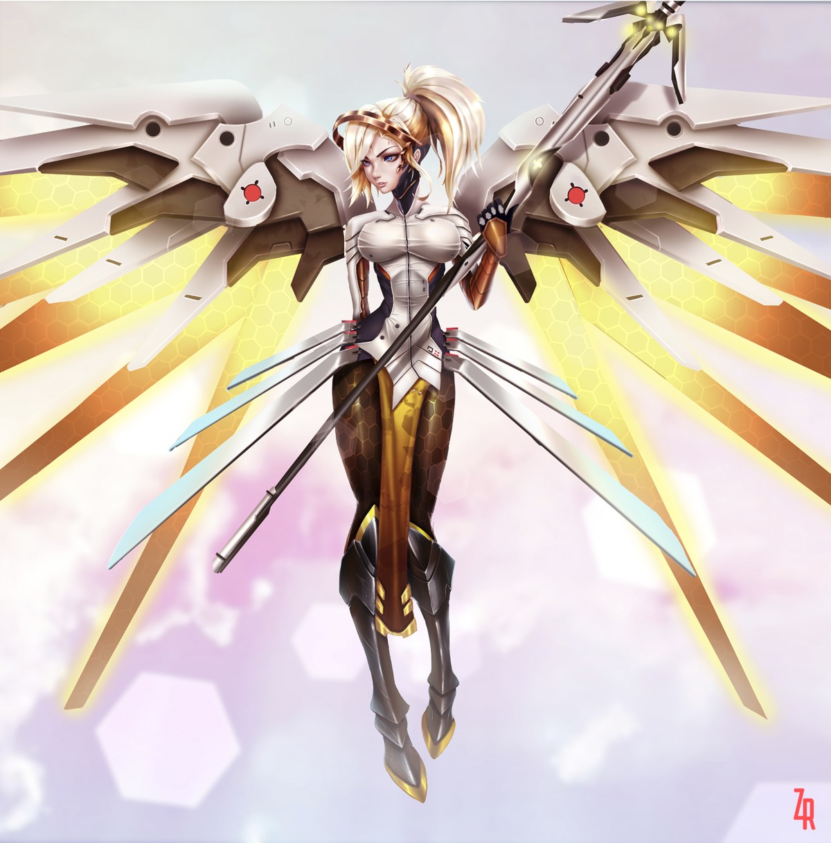 armor bodysuit gtxnv heels mercy_(overwatch) overwatch pantyhose weapon wings