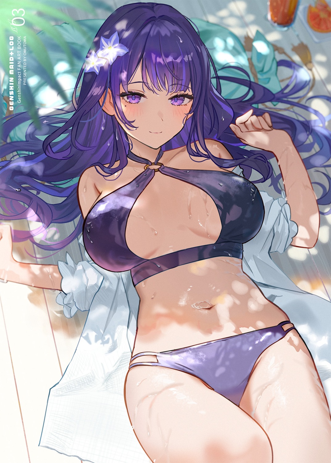 bikini genshin_impact omelet_tomato open_shirt raiden_shogun swimsuits wet