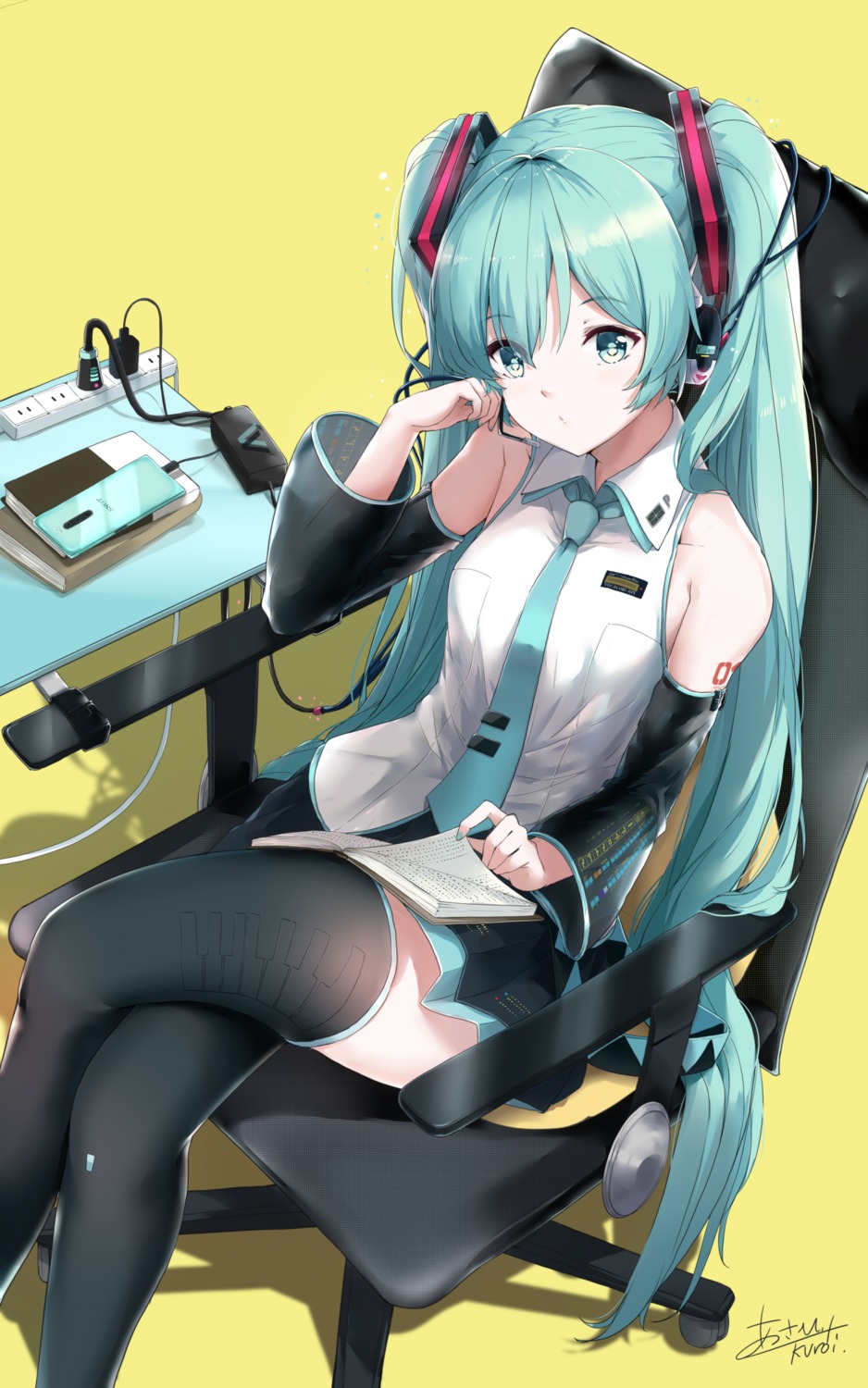 asahi_kuroi hatsune_miku headphones tattoo thighhighs vocaloid