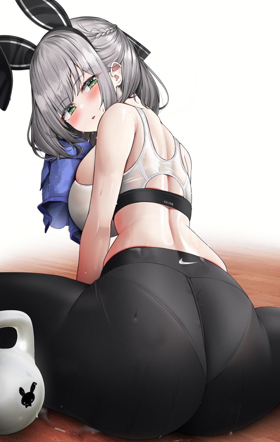 animal_ears ass bra bunny_ears gym_uniform hololive kuse_(0201) pantsu see_through shirogane_noel thong wet wet_clothes