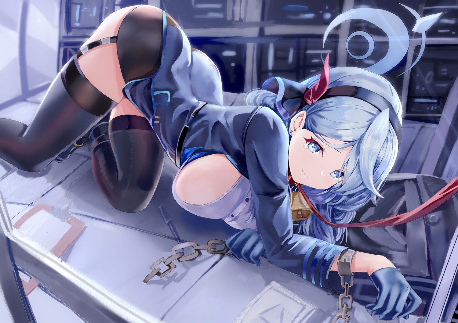 age_fx amau_ako blue_archive bondage halo no_bra stockings thighhighs uniform