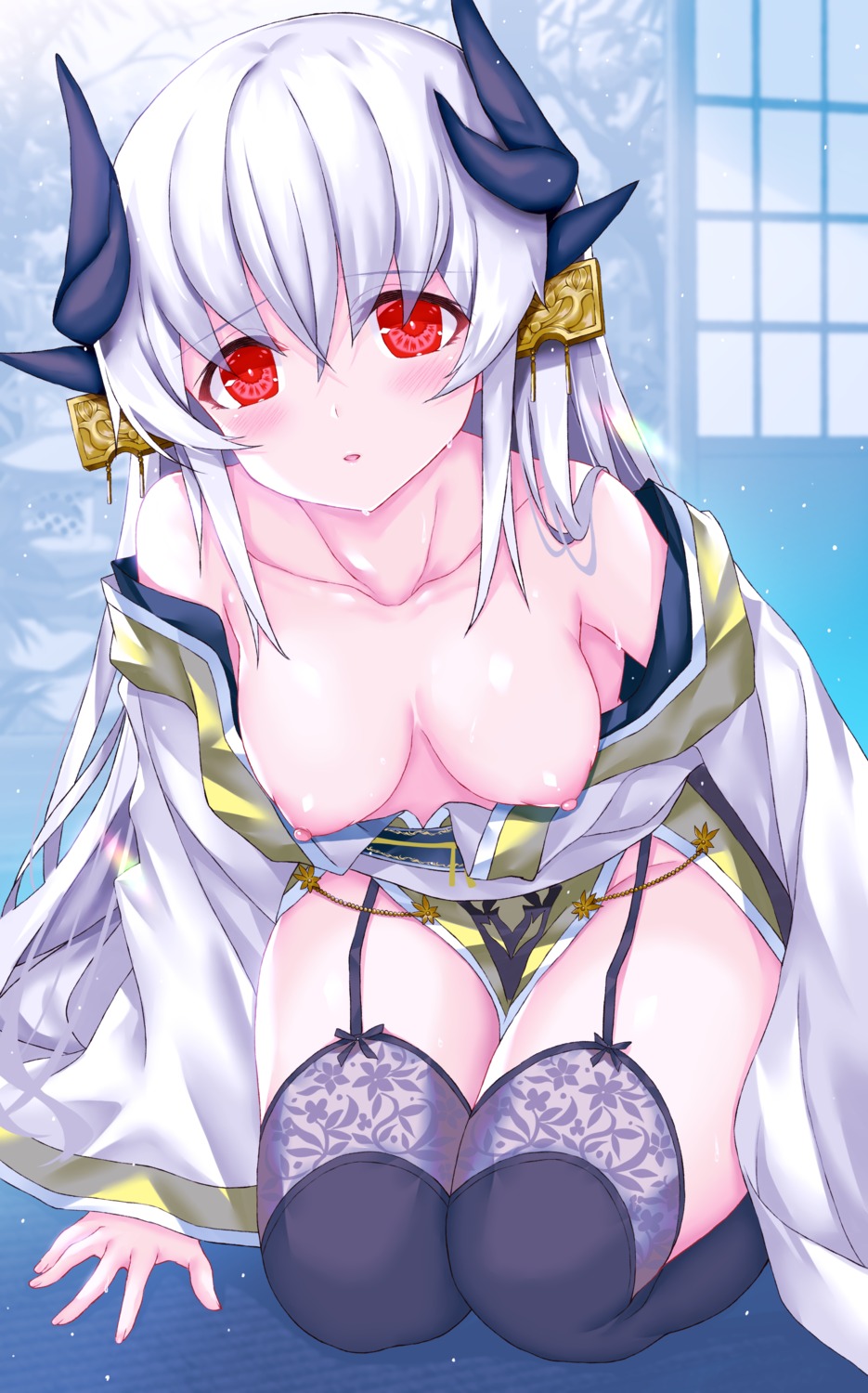 breasts fate/grand_order horns japanese_clothes kiyohime_(fate/grand_order) morizono_shiki no_bra nopan open_shirt stockings thighhighs