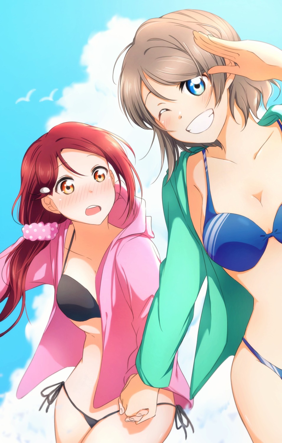 bikini cleavage love_live!_sunshine!! open_shirt sakurauchi_riko swimsuits watanabe_you yuchi_(salmon-1000) yuri