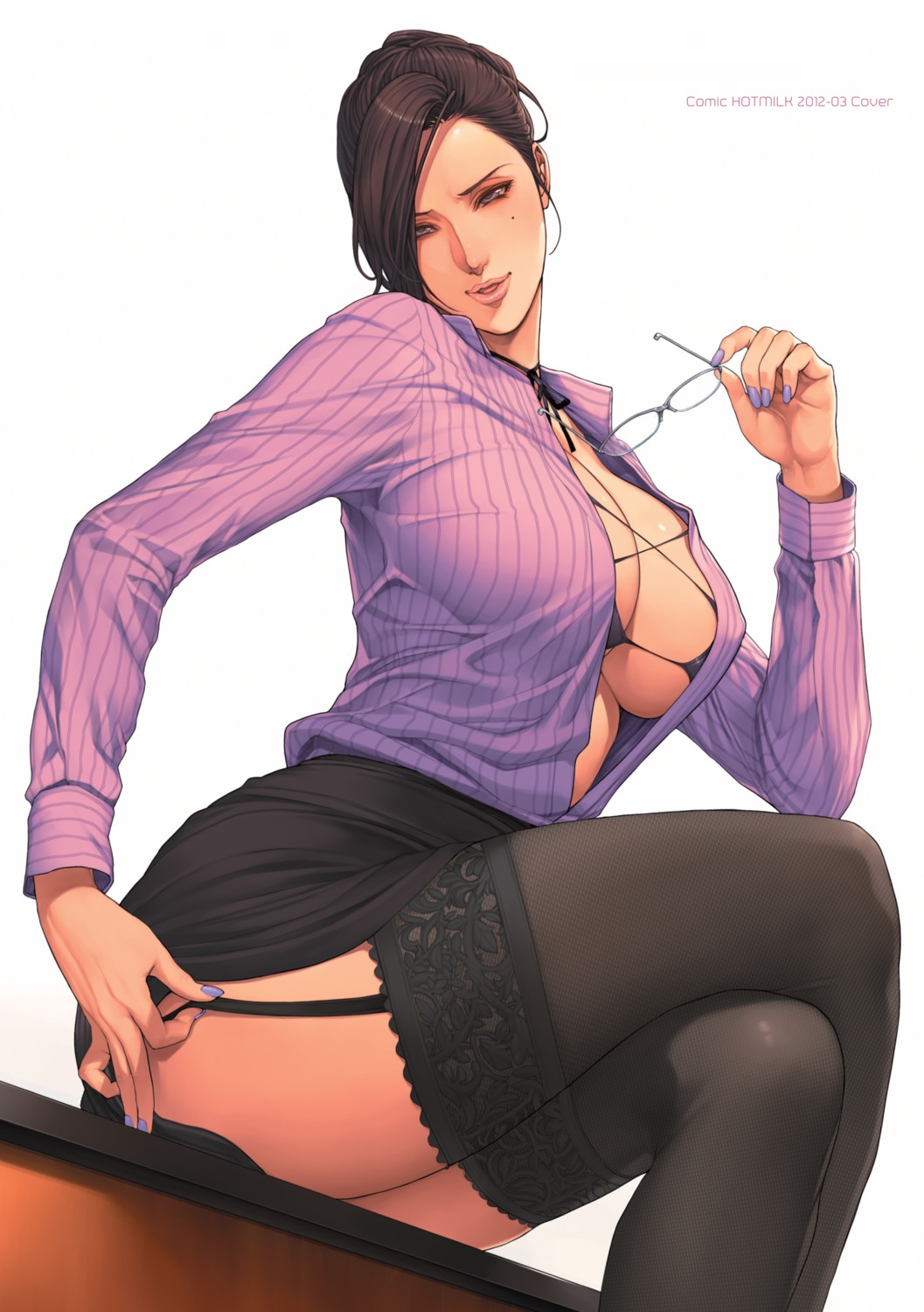 bra business_suit cleavage erect_nipples megane oda_non open_shirt stockings thighhighs