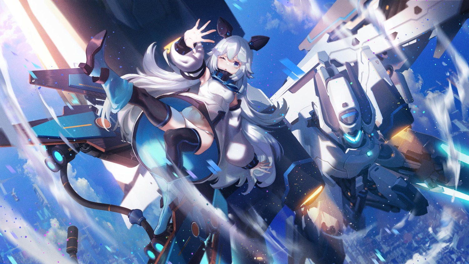 evelynn_(final_gear) final_gear heels horns mecha pantsu skirt_lift thighhighs wallpaper ying_yi