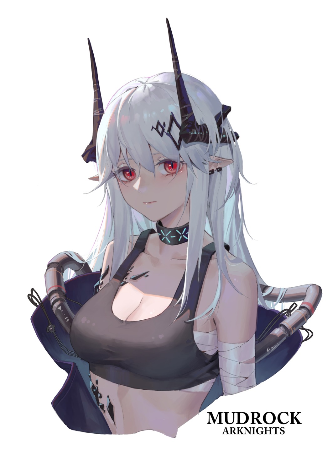 areaaaron arknights bandages cleavage horns mudrock_(arknights) pointy_ears sarashi