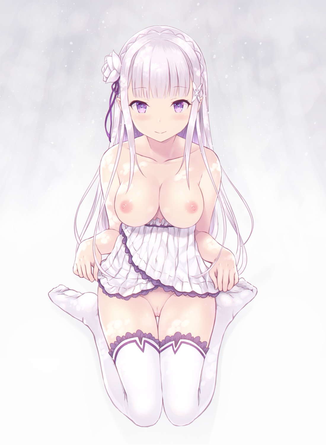 cait elf emilia_(re_zero) nipples nopan pointy_ears pussy re_zero_kara_hajimeru_isekai_seikatsu skirt_lift thighhighs topless uncensored