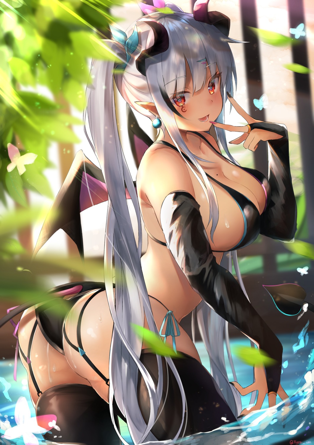 ass bikini cameltoe devil horns kyoro_ina pointy_ears stockings swimsuits tail thighhighs wet wings
