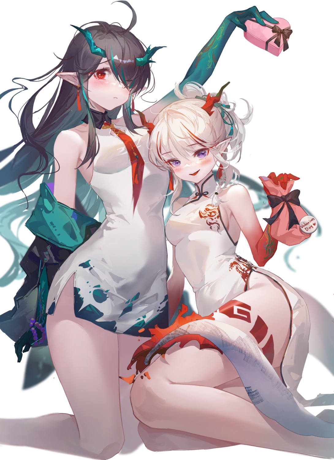 arknights chinadress dusk_(arknights) horns nian_(arknights) pointy_ears tail tattoo tuzhate valentine