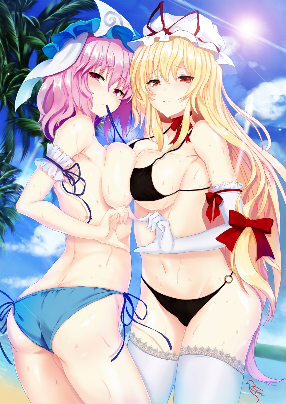 ass bikini saigyouji_yuyuko swimsuits symmetrical_docking thighhighs topless tori_(king8162635) touhou wet yakumo_yukari yuri