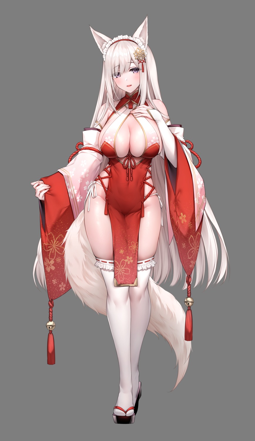 animal_ears japanese_clothes kitsune maid no_bra oyuwari pantsu string_panties tail thighhighs transparent_png