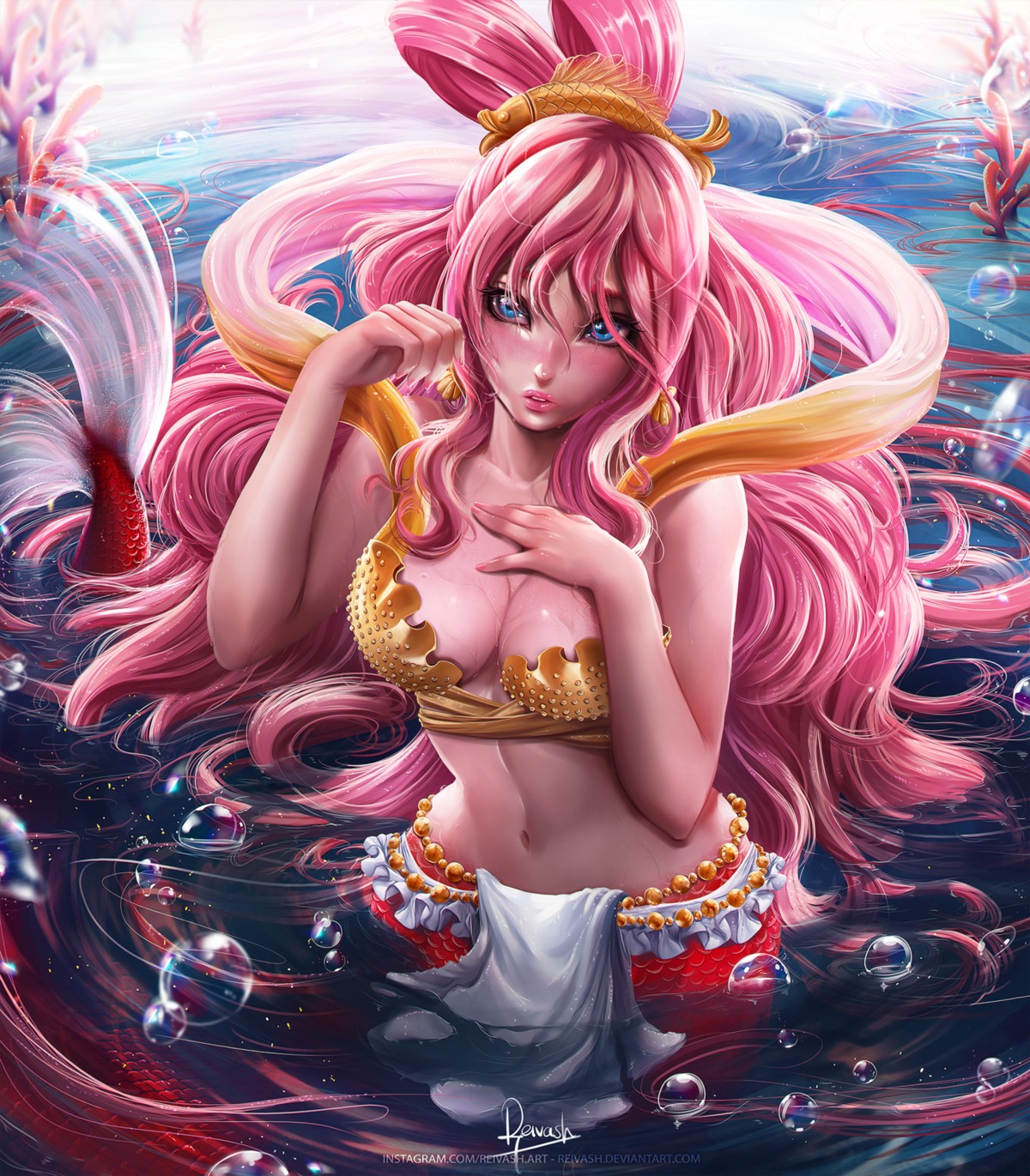 bikini_top breast_hold cleavage mermaid monster_girl official_watermark one_piece reivash shirahoshi swimsuits tail wet