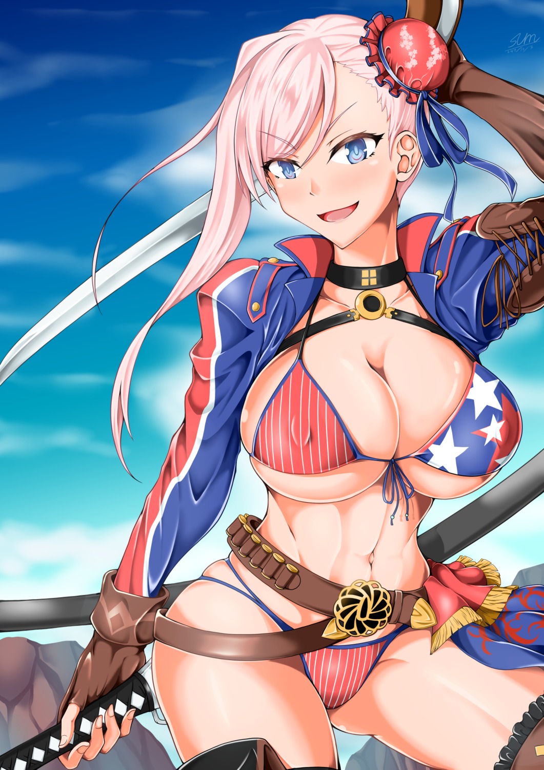 bikini cleavage erect_nipples fate/grand_order miyamoto_musashi_(fate) sang_youmu swimsuits sword thighhighs underboob