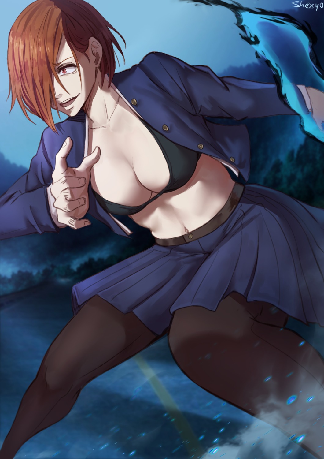 bra cleavage jujutsu_kaisen kugisaki_nobara open_shirt pantsu pantyhose seifuku shexyo