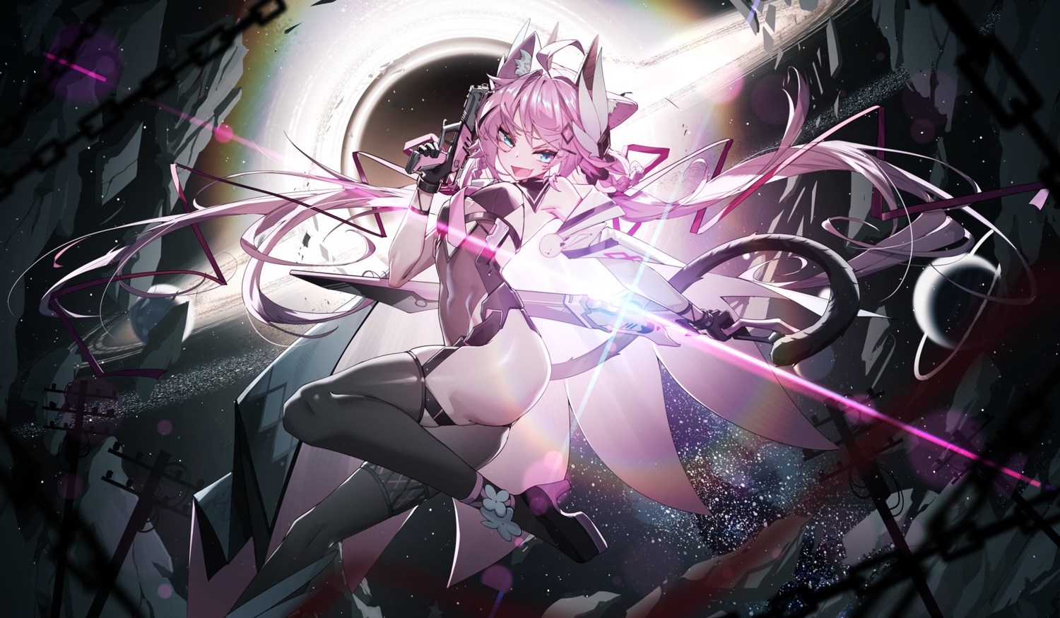 animal_ears gun heels horns indie_virtual_youtuber leotard nekomimi qys3 sakurada_hane stockings sword tail thighhighs