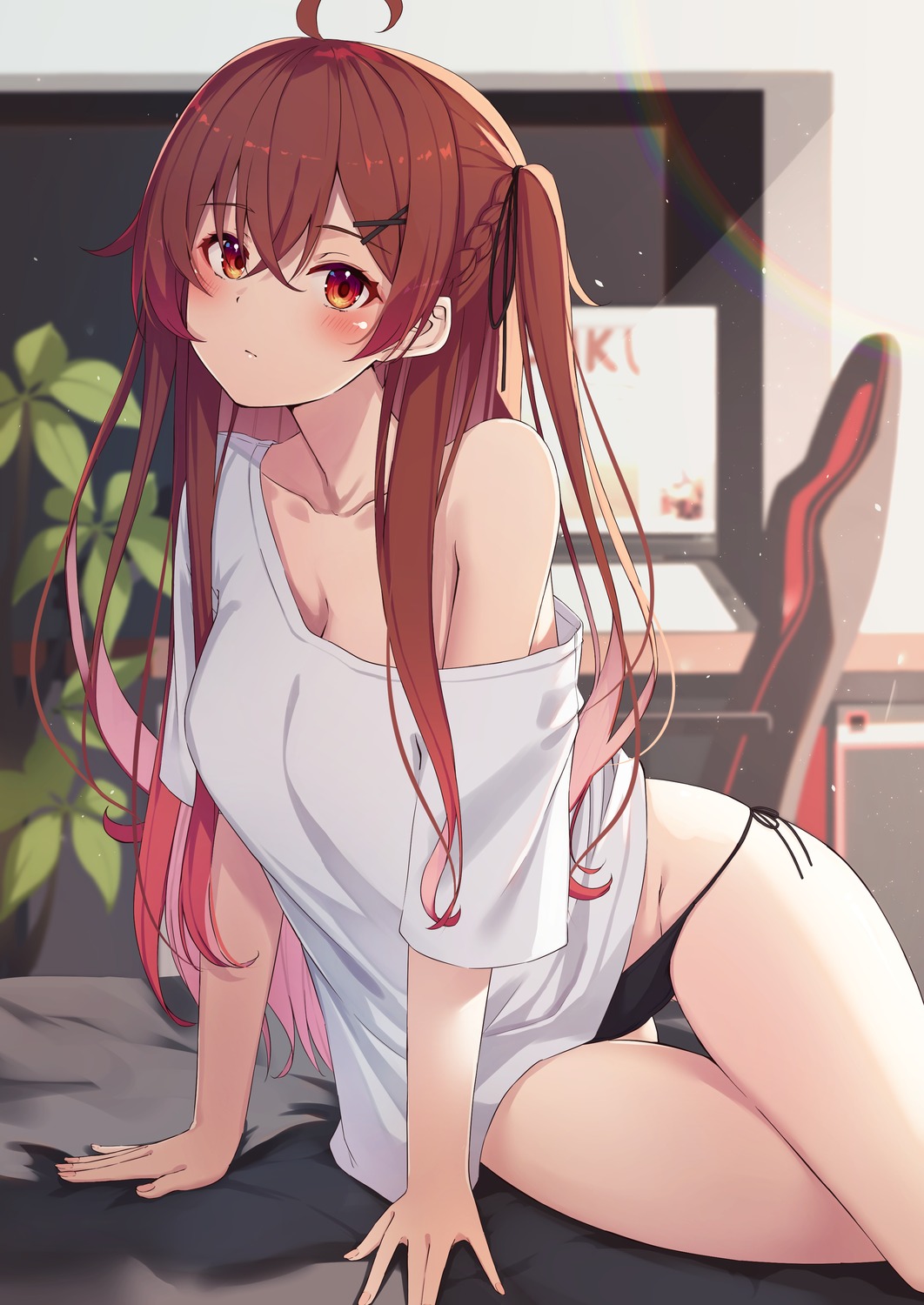 no_bra nyan_(reinyan_007) open_shirt pantsu panty_pull string_panties