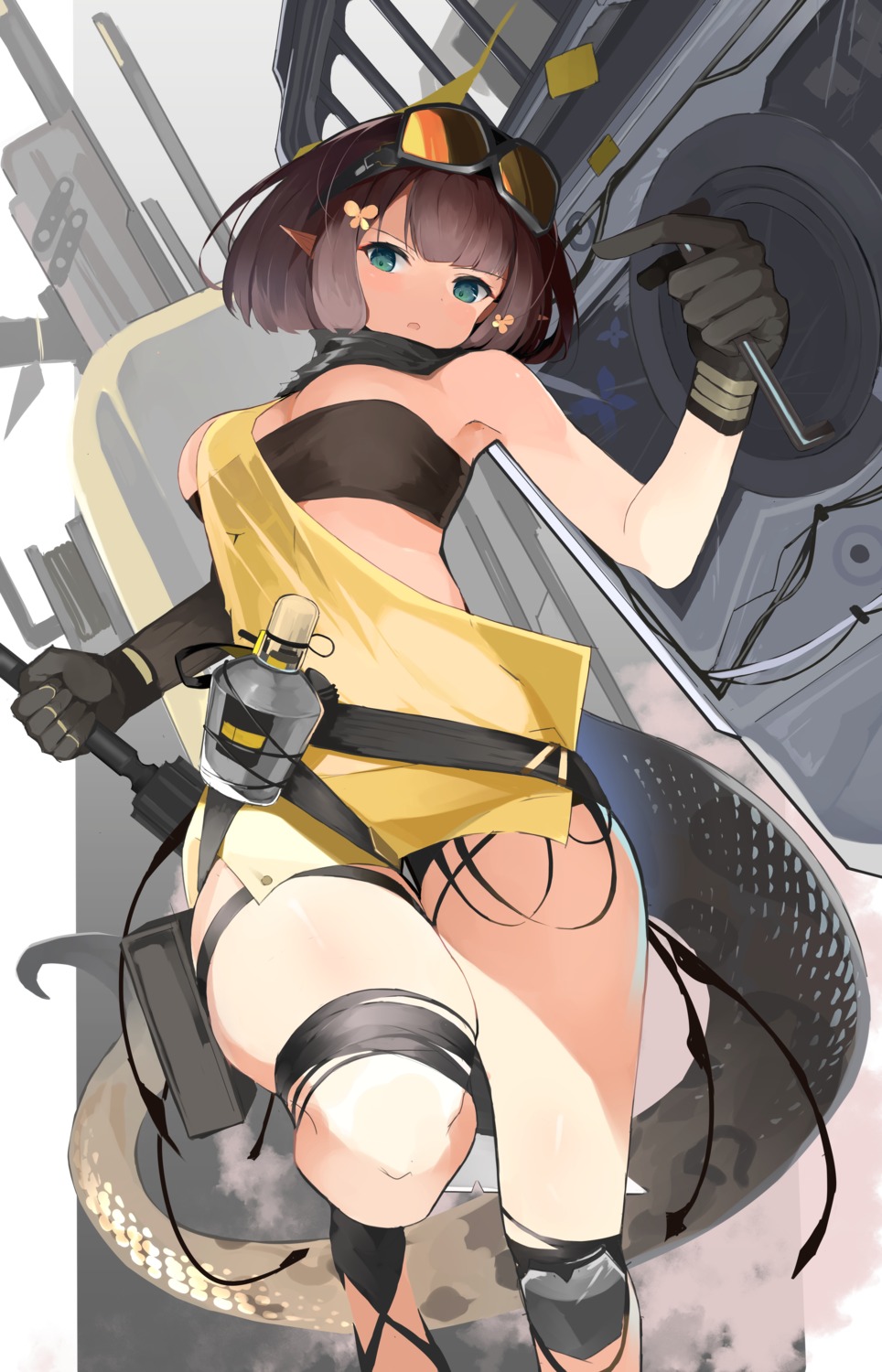 arknights eunectes_(arknights) garter no_bra onkyi pointy_ears see_through tail torn_clothes