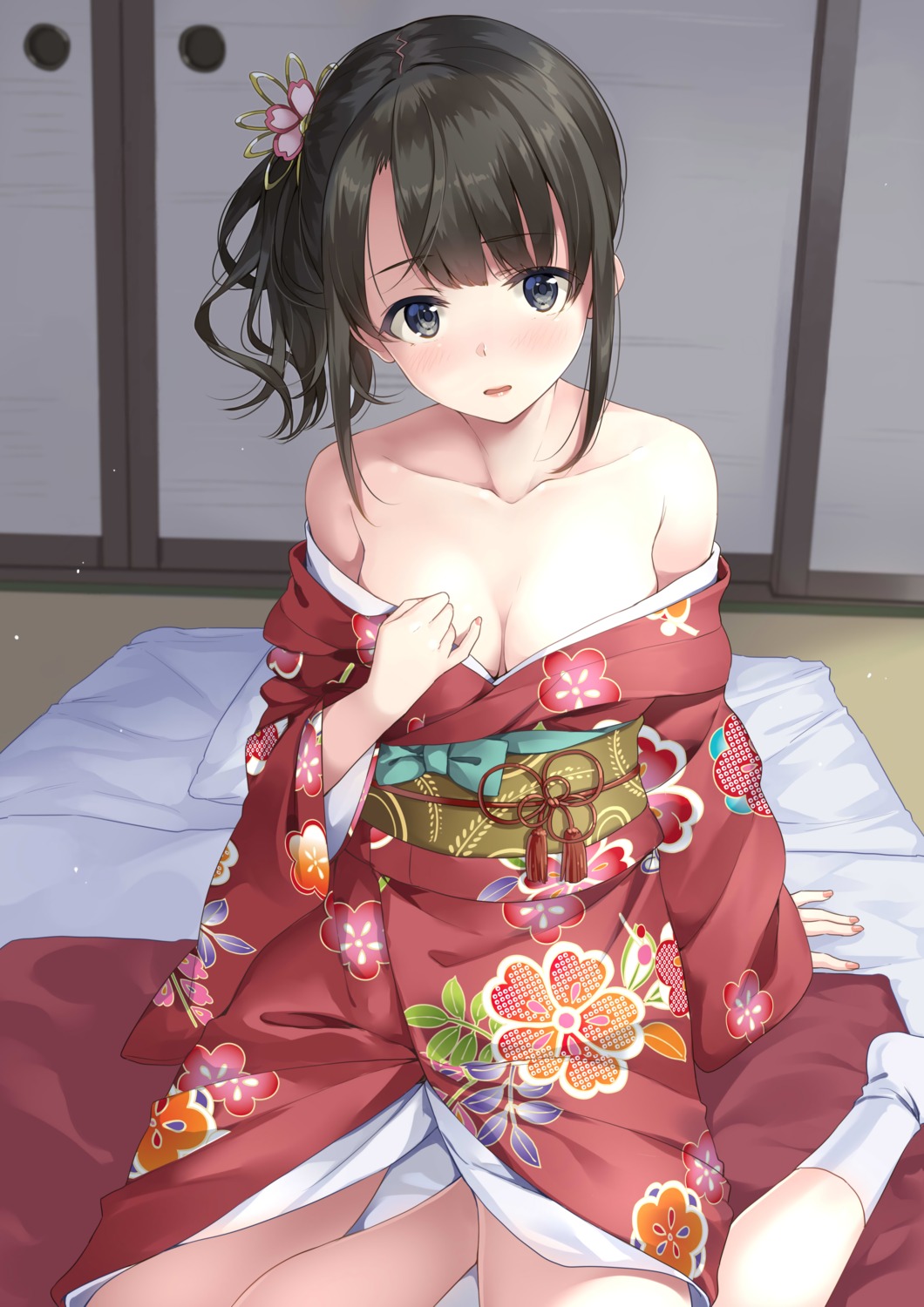 cleavage detexted kimono no_bra open_shirt unasaka undressing wardrobe_malfunction