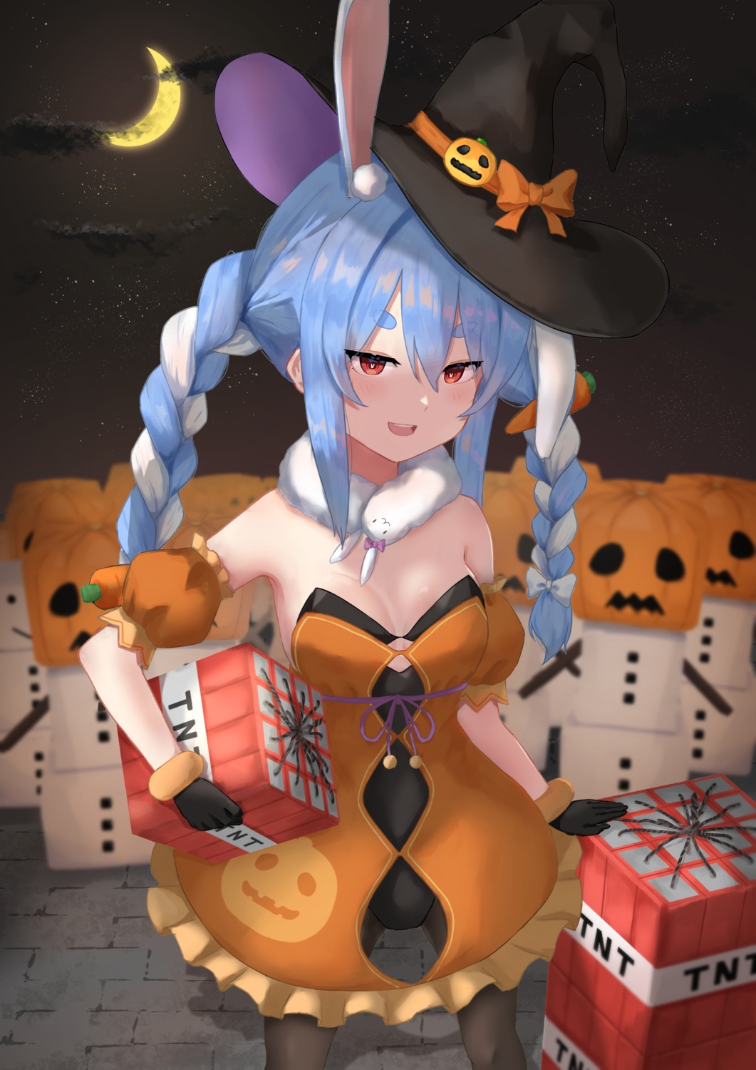 6mint animal_ears bunny_ears bunny_girl dress halloween hololive minecraft no_bra pantyhose usada_pekora witch