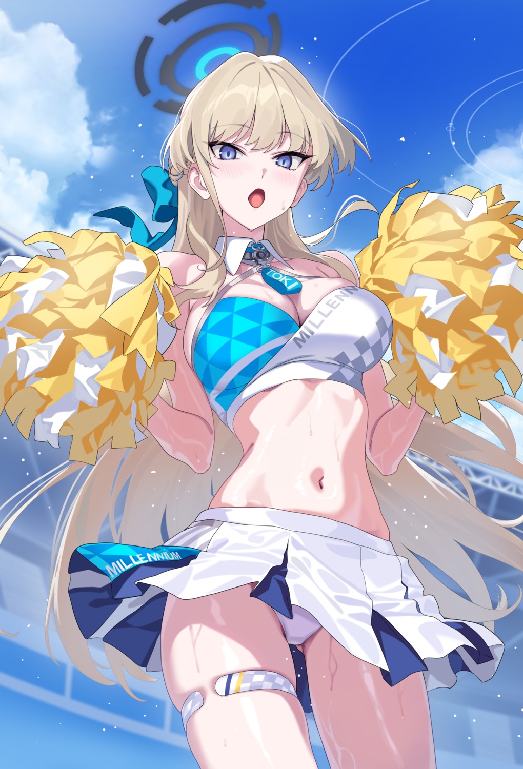 asuma_toki blue_archive cheerleader cosplay garter halo hidis0086 nekozuka_hibiki pantsu skirt_lift wet