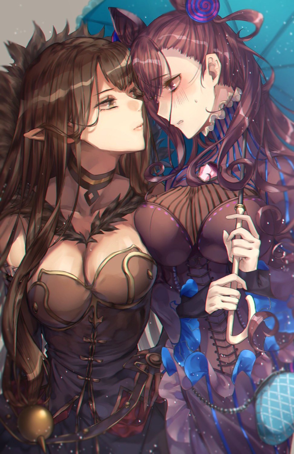 assassin_of_red_(fate/apocrypha) cleavage dress fate/apocrypha fate/grand_order fate/stay_night minami_reo murasaki_shikibu_(fate) pointy_ears semiramis_(fate) umbrella yuri