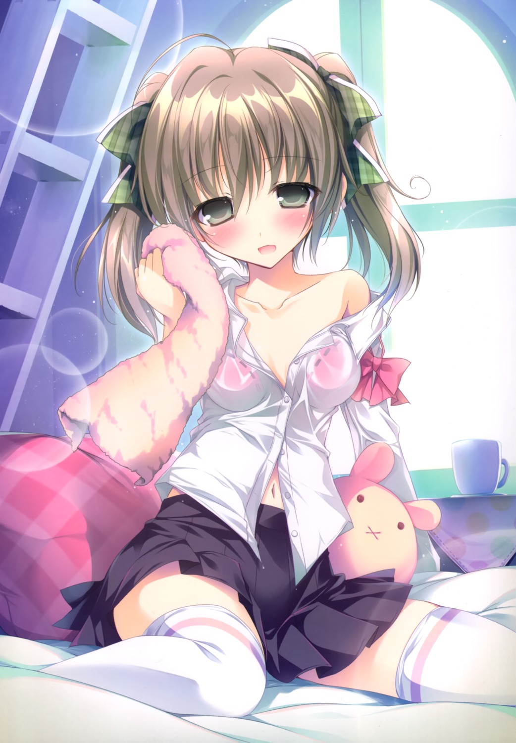 bra karory lashinbang open_shirt renren see_through seifuku skirt_lift thighhighs towel wet wet_clothes