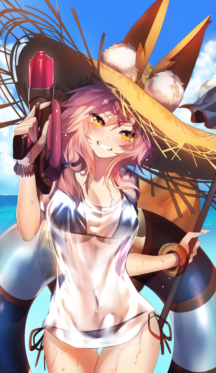 animal_ears bikini fate/grand_order gun rahato see_through swimsuits tamamo_no_mae wet