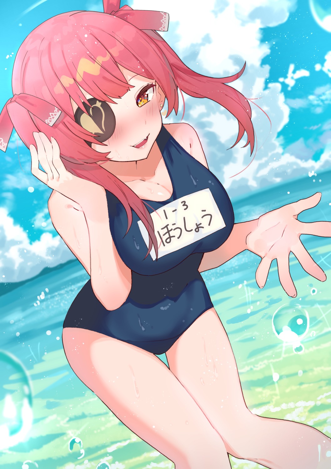 cleavage eyepatch hololive houshou_marine school_swimsuit swimsuits tonari_no_kai_keruberosu wet