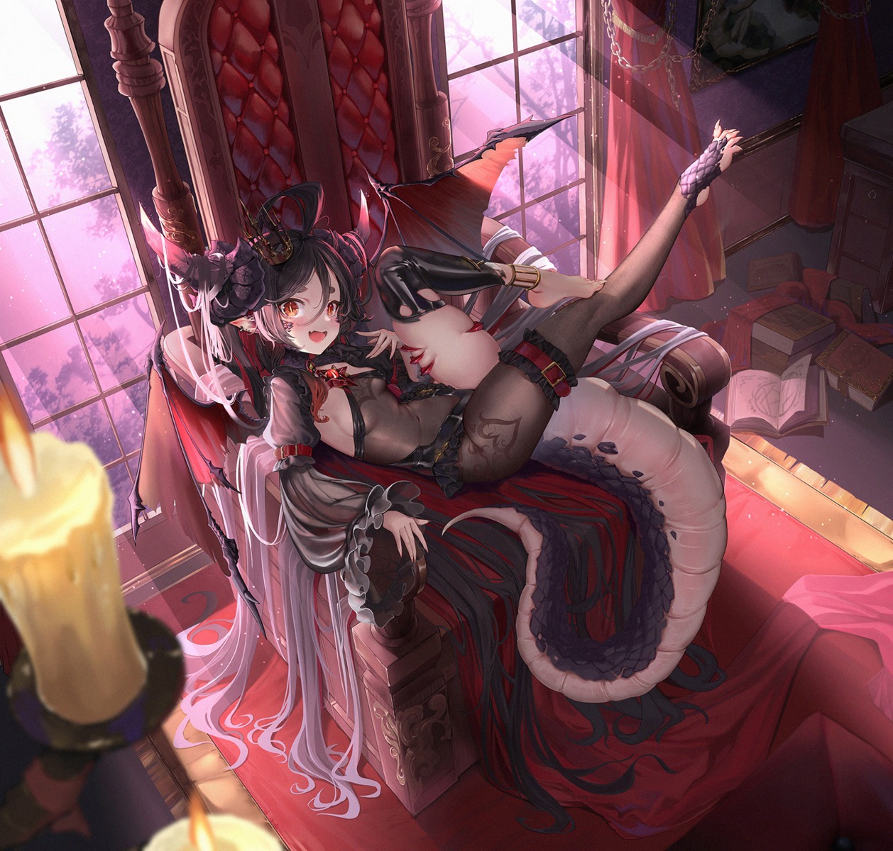 garter horns loli no_bra pointy_ears see_through tail thighhighs torn_clothes wings yaomiaomiao