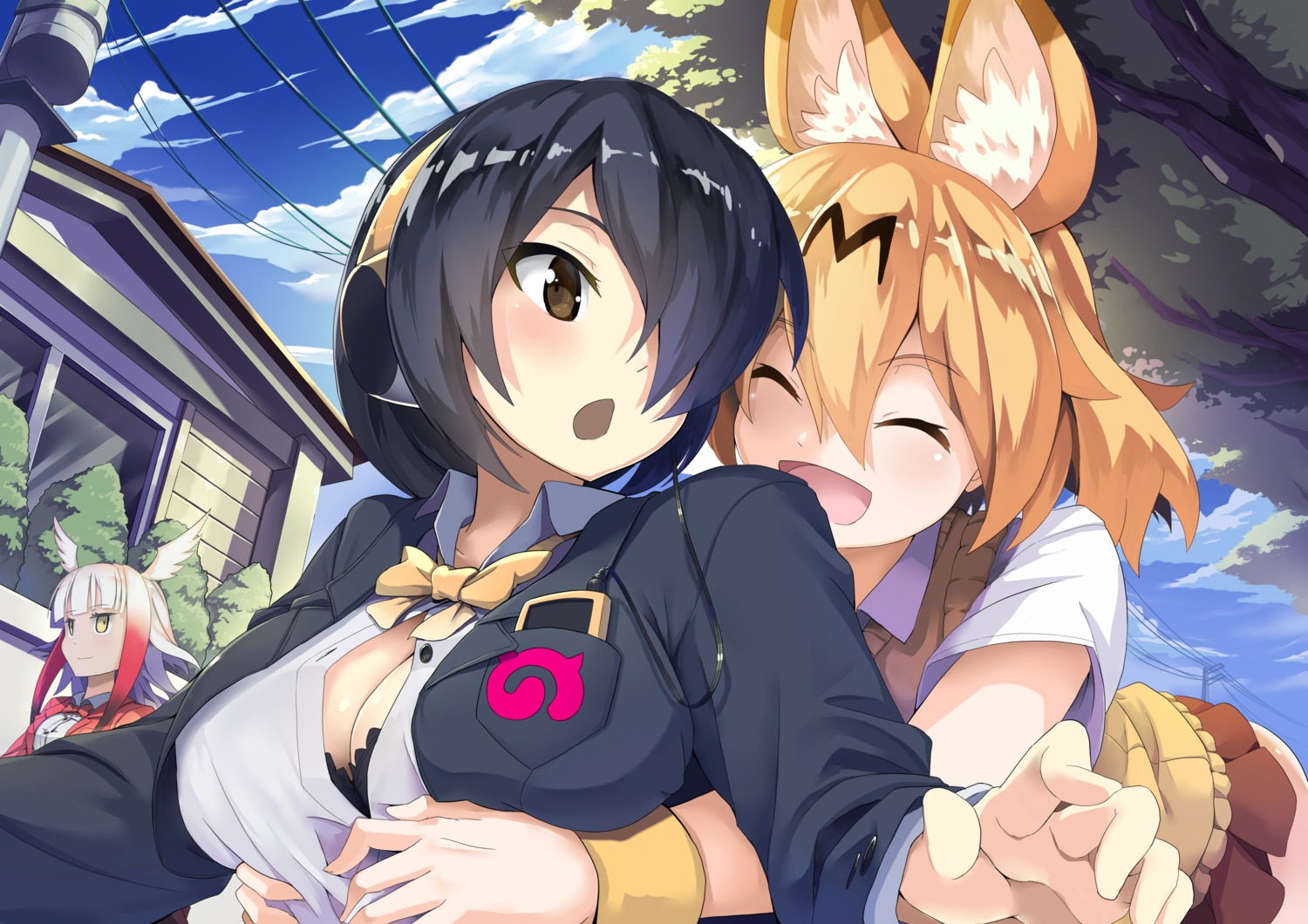 animal_ears bra cleavage crested_ibis emperor_penguin headphones jie_laite kemono_friends open_shirt seifuku serval