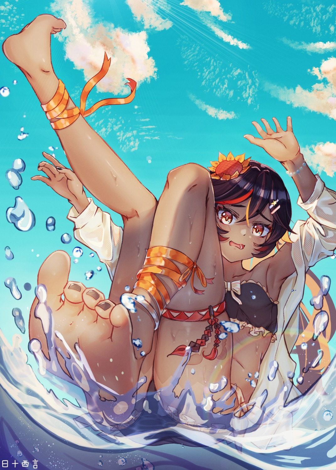 bikini feet garter genshin_impact open_shirt rishixiyan swimsuits wet xinyan