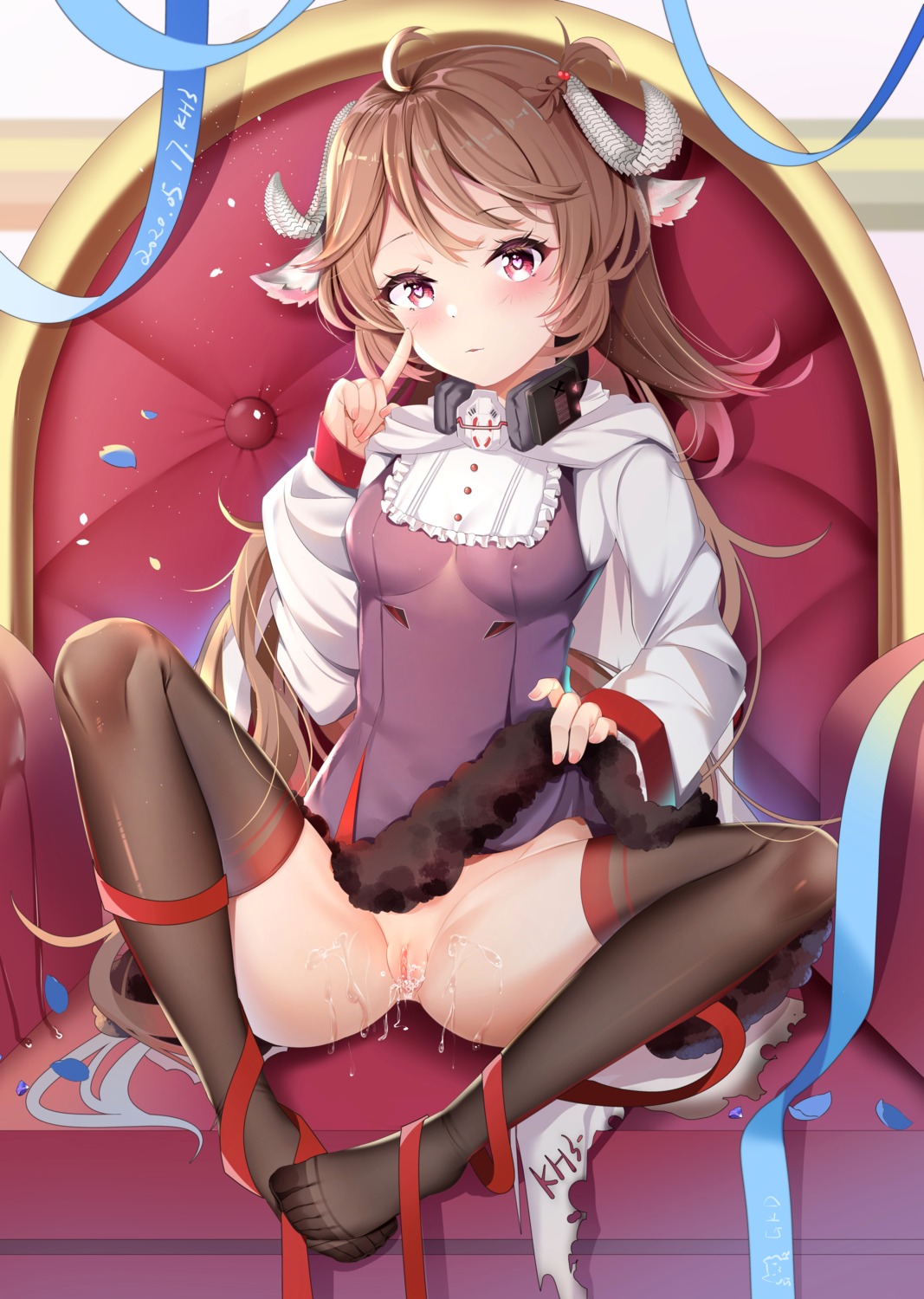 animal_ears arknights dress eyjafjalla_(arknights) feet horns miaogujun nopan pussy pussy_juice skirt_lift thighhighs uncensored