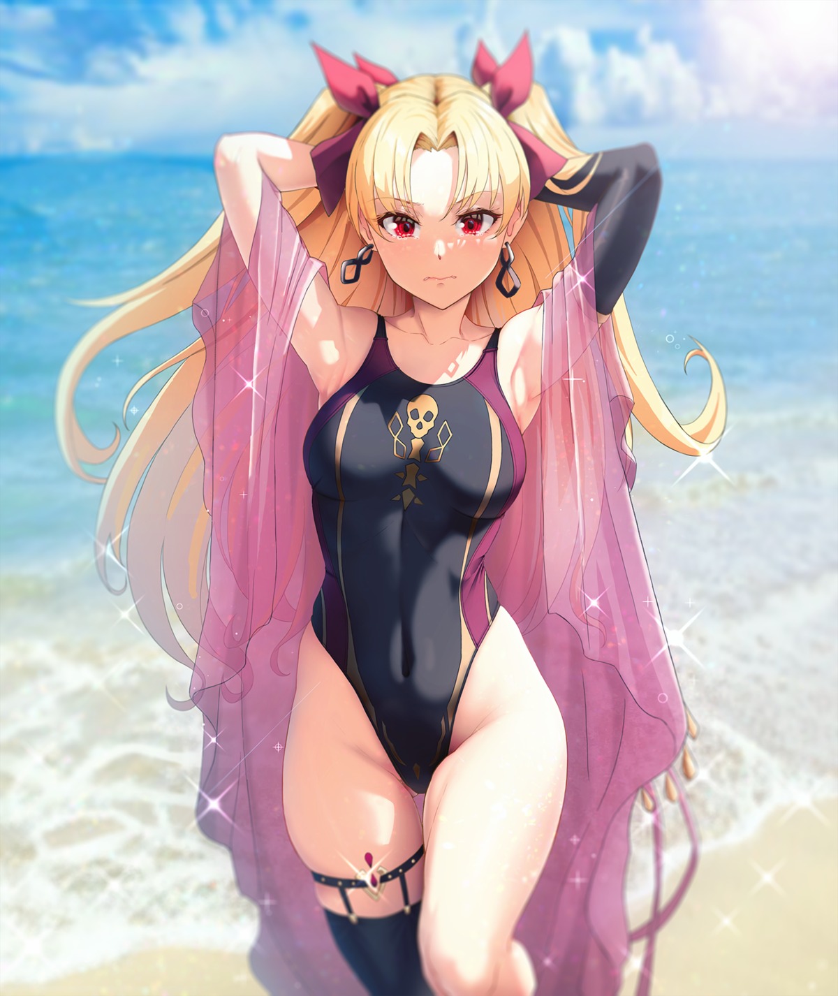 artist_revision ereshkigal_(fate/grand_order) fate/grand_order garter open_shirt see_through solar_(happymonk) stockings swimsuits thighhighs