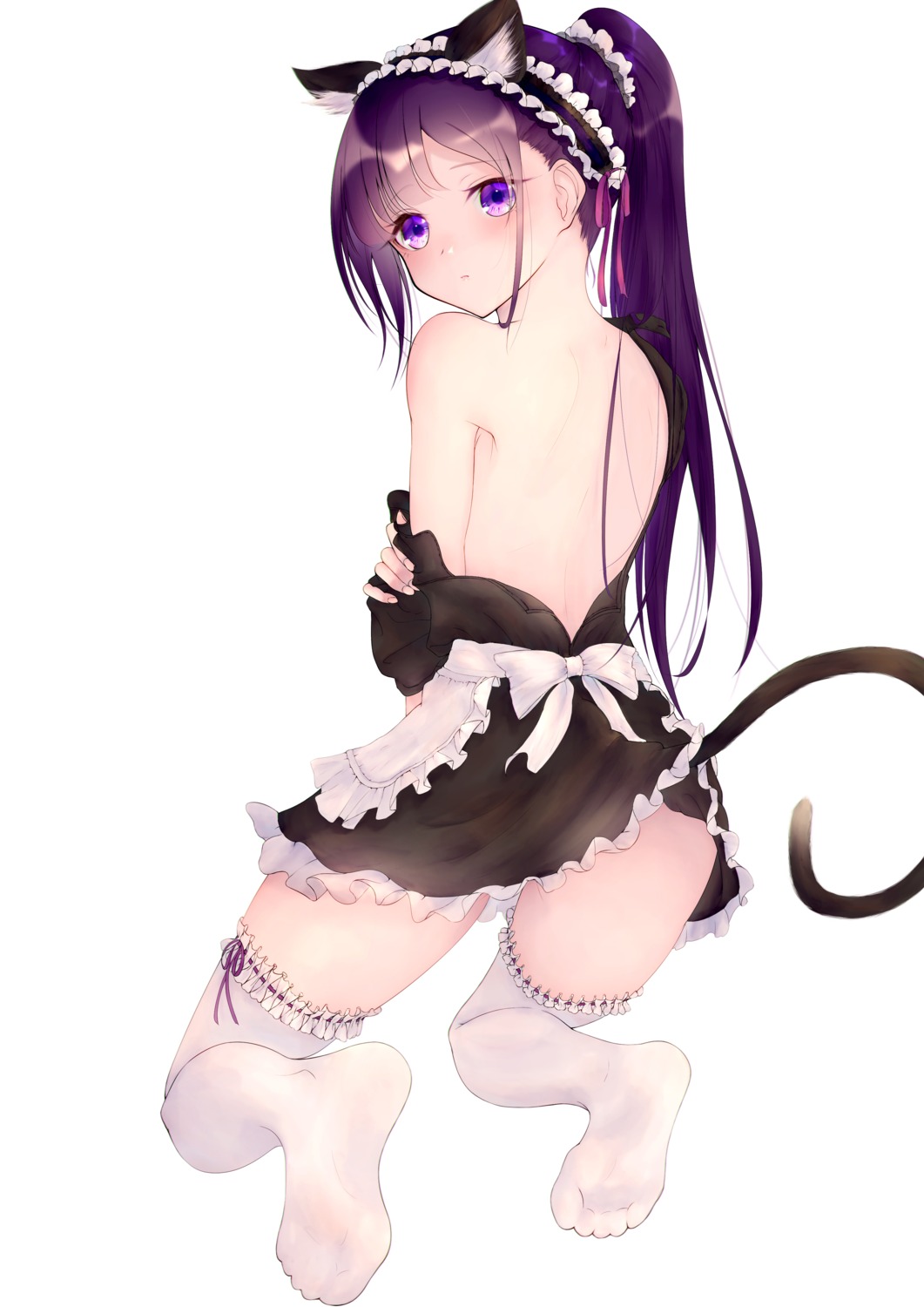 animal_ears feet magia_record:_mahou_shoujo_madoka_magica_gaiden maid meen_(ouaughikepdvrsf) nekomimi no_bra puella_magi_madoka_magica skirt_lift tail thighhighs