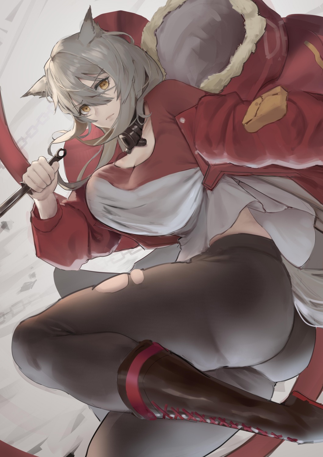 animal_ears arknights ass boingoo projekt_red_(arknights) tail torn_clothes weapon
