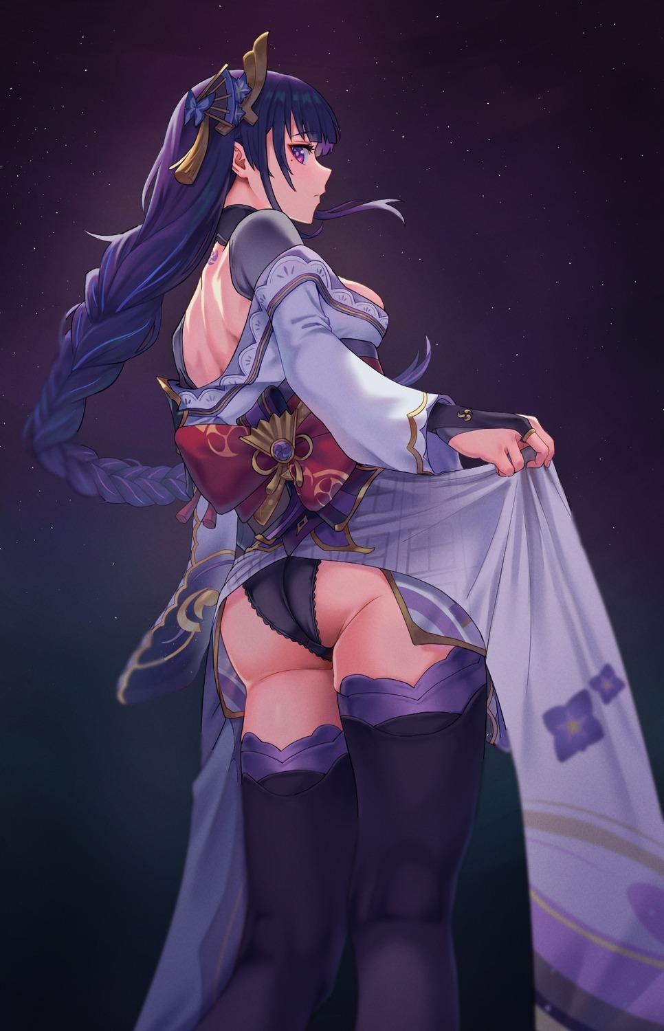 ass genshin_impact japanese_clothes kadokadokado pantsu raiden_shogun skirt_lift thighhighs