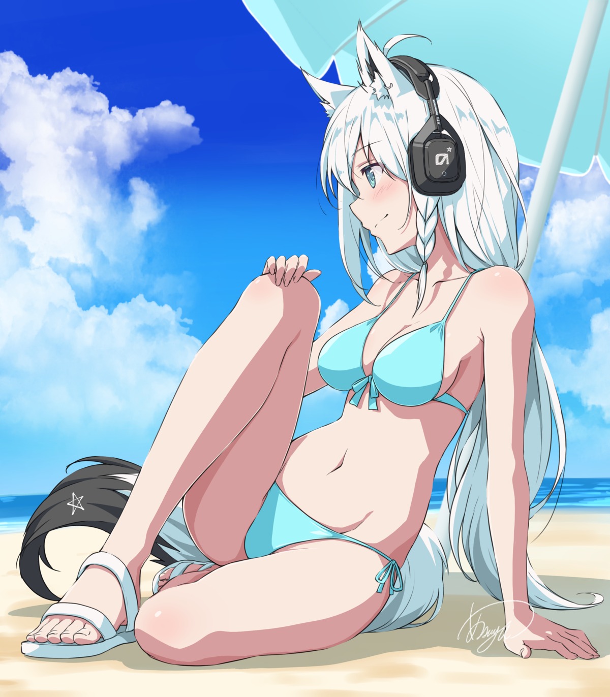 animal_ears asanaya bikini cleavage feet headphones hololive hololive_gamers kitsune shirakami_fubuki swimsuits tail