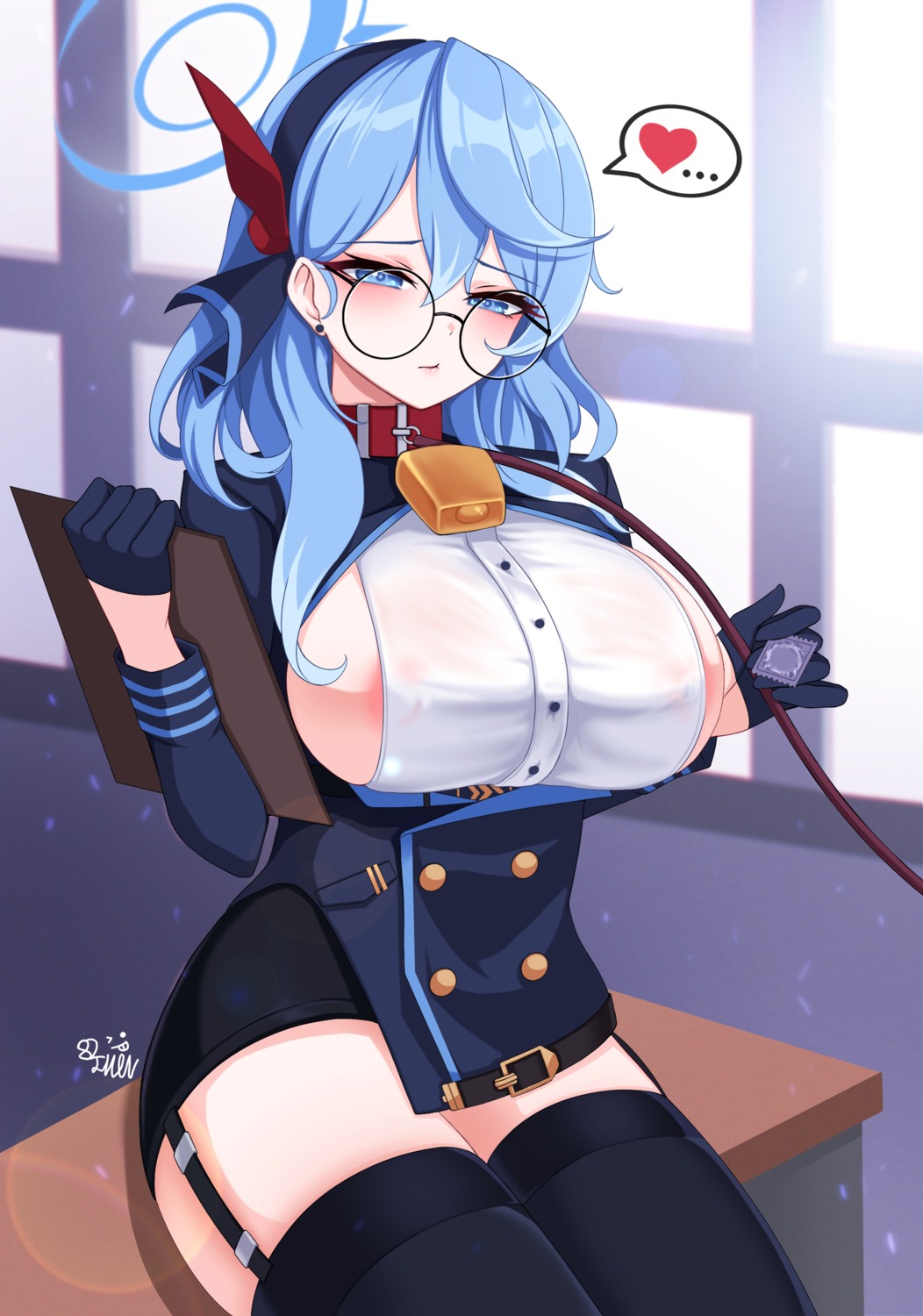 82jhin amau_ako areola blue_archive halo megane no_bra see_through stockings thighhighs uniform