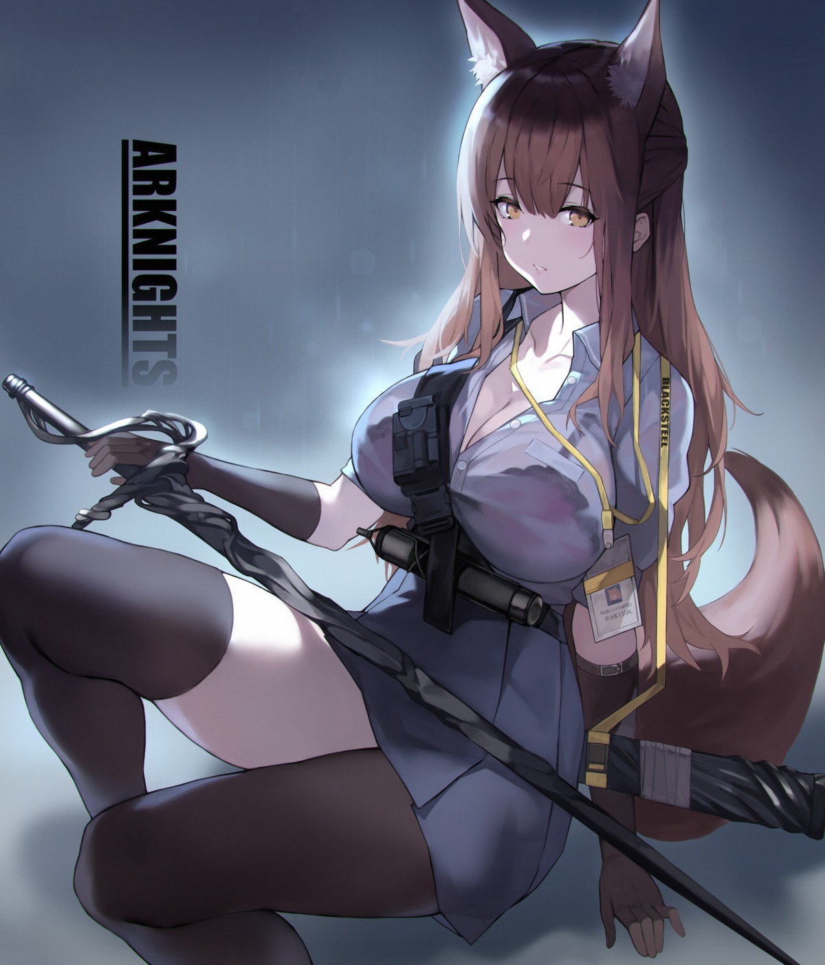 animal_ears arknights bra cleavage dress_shirt franka_(arknights) see_through sword tail thighhighs yykuaixian