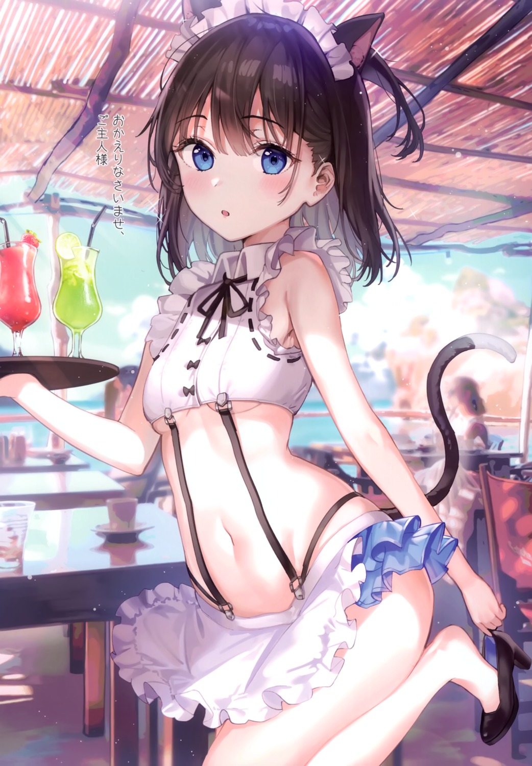 animal_ears heels maid nekomimi no_bra rangu skirt_lift tail underboob waitress