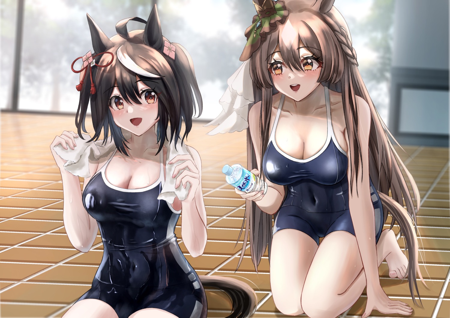 aimi_(tikichin0229) animal_ears cleavage kitasan_black_(umamusume) satono_diamond_(umamusume) school_swimsuit swimsuits tail uma_musume_pretty_derby