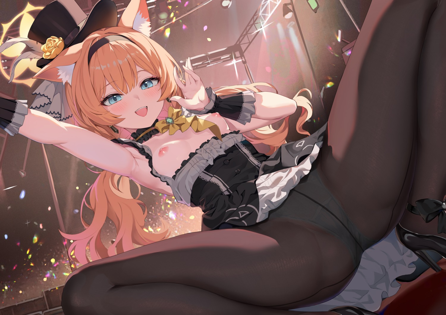 animal_ears blue_archive breasts halo heels iochi_mari kizuna loli nekomimi nipples no_bra pantsu pantyhose skirt_lift uniform