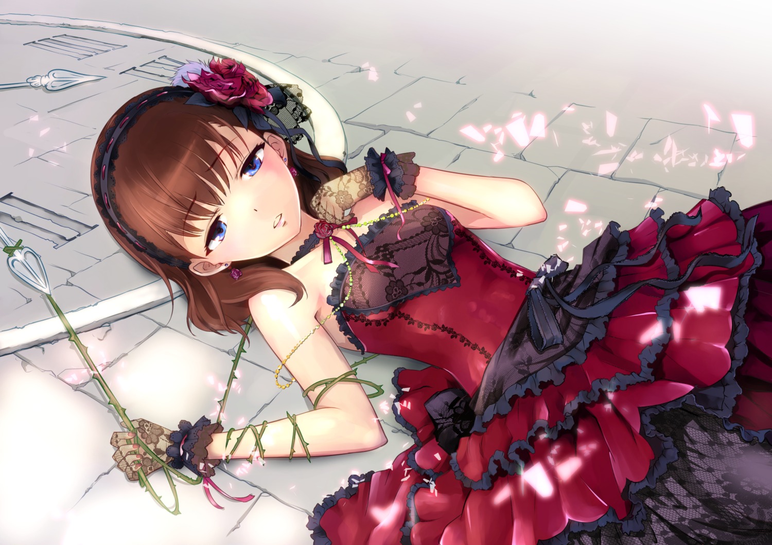 bondage dress fishnets gothic_lolita jpeg_artifacts lolita_fashion pantyhose sakuma_mayu the_idolm@ster the_idolm@ster_cinderella_girls