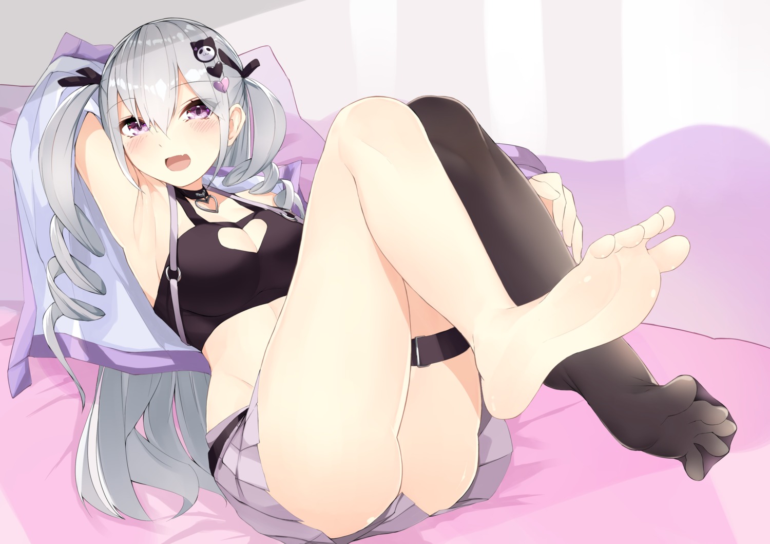 bra cleavage feet garter hourei_tenten indie_virtual_youtuber ju_yorimoto_(ranten_yume) nopan skirt_lift thighhighs