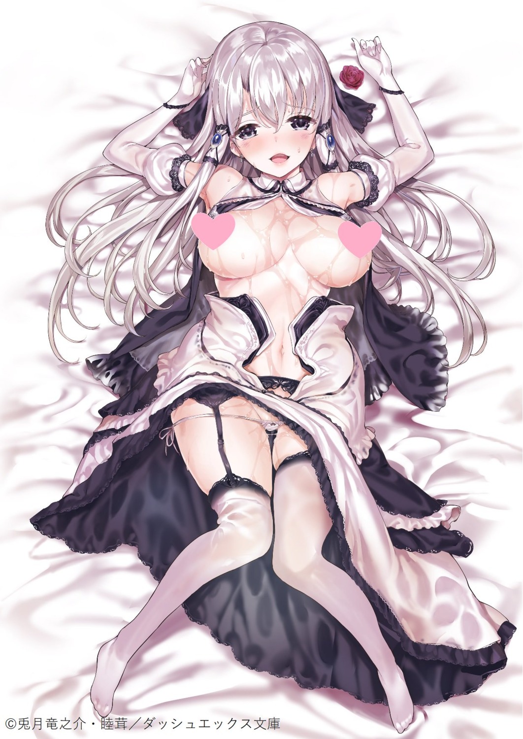 breasts censored dress garter_belt mutsutake no_bra open_shirt pantsu panty_pull pussy_juice see_through skirt_lift stockings string_panties thighhighs wet wet_clothes